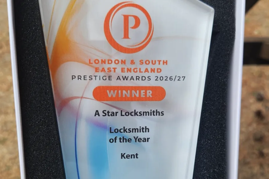 The Prestige Awards trophy, engraved A Star Locksmiths, Locksmith of the Year, Kent